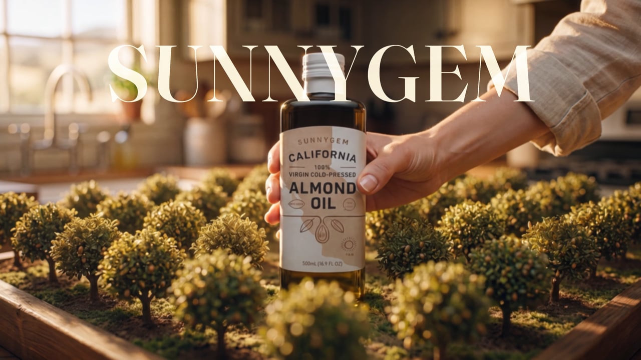 SunnyGem almond oil bottle above a miniature orchard.